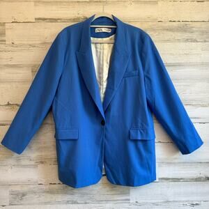 Zara Women's XXL Classic Single Breasted Longline Oversized Blazer Jacker Blue